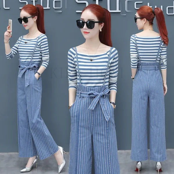 Kirahosi 퀄리티 6 여름 여성 반팔 티셔츠+멜빵 바지 세트 점프수트 투피스 35 +스마트 스트랩 증정 Djwu31e