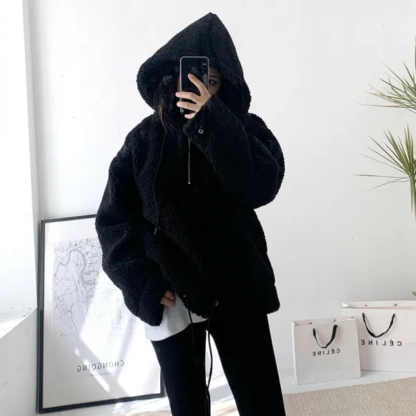 후드집업 블랙 램스울 후드티여성 가을겨울 두꺼운 미들롱타입 풀오버 루즈핏 bf커플룩 후드 털융외부 커버
