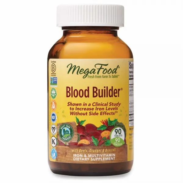 철분제 MegaFood Blood Builder Daily Iron Supplement 및 Multivitamin 메스꺼움이나 변비가없는 에너지 적혈구 생산 지원 비건 90 정 (90 인분) (FFP), 1개, 1