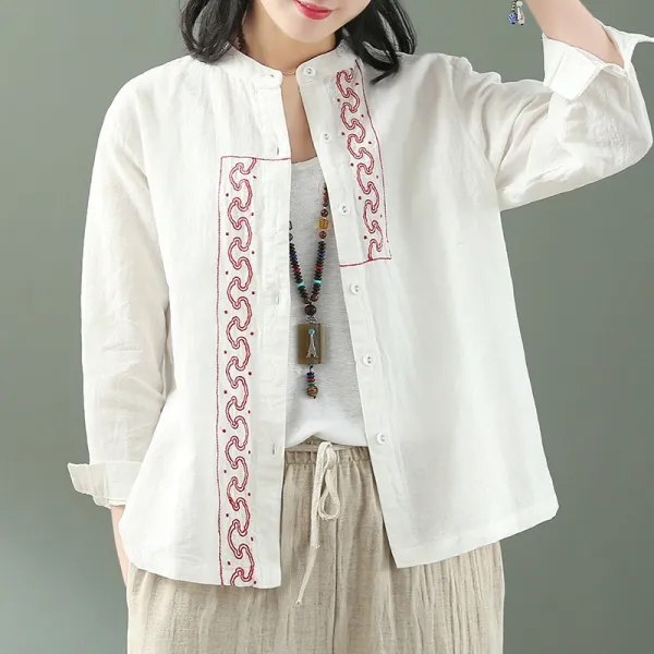 BAROBARO 여자 린넨 마 루즈핏 셔츠 남방 블라우스 부들복 복고 문예반단추 면마 셔츠에 여와이드 자수 가을
