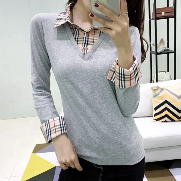 올봄 신 체크 패치 상의 가먼트 칼라 양기 여 슬림 이너 긴팔