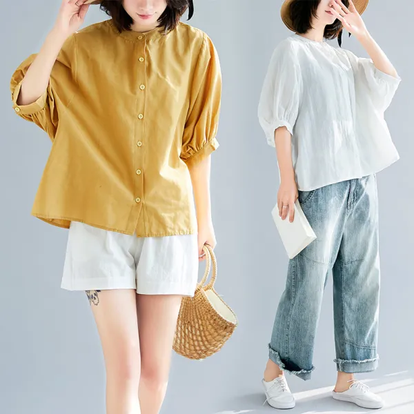 5부소매 린넨 블라우스 루즈핏 차이나카라 셔츠 미시