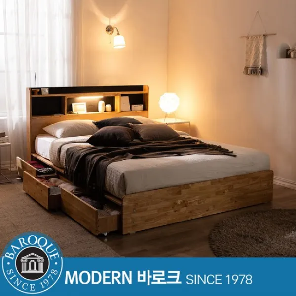모던바로크 W 러버우드 평상형 LED 수납침대 퀸 킹 공용 / 프레임만 / 전국착불, 블랙