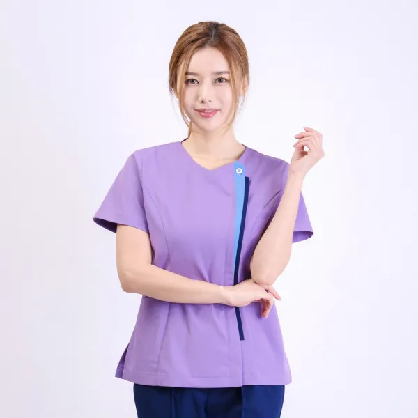 B 03 브이넥라인연퍼플 상의 빅사이즈 간호복 의사 실습용 영양사 약사 자수 가운 간호사복