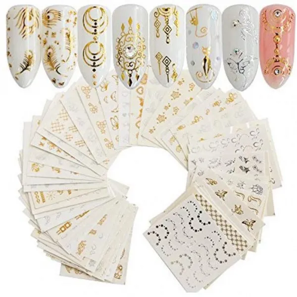 30SheetsGoldSilverNailWaterTransferDecals금속성 네일 스티커 버터플라이 레이스 플라워 꿈의 파수꾼, 1, 단일상품