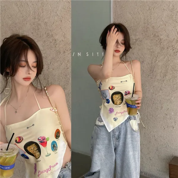 슬링 디자인은 외부 착용을위한 틈새 시장 여성 여름 순수한 욕망 바람 귀여운 고삐 목 랩 가슴 삼각형 스카프 조끼 바닥 탑
