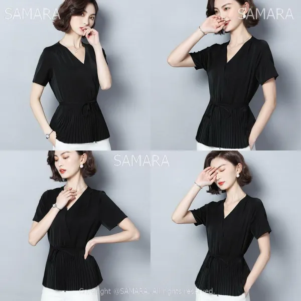 Qterra 특허브랜드 B1298 여성 허리 절개 브이넥 반팔 셔츠 블라우스