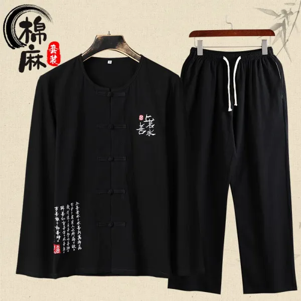 봄 여름 중년 및 남성 면화 삼베 모시 옷 세트
