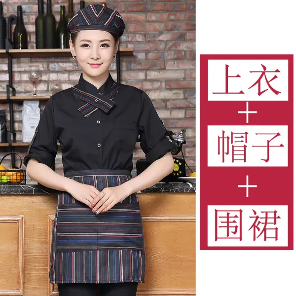 호텔 레스토랑 샤브샤브점 종업원 작업복 긴팔 웨스트 케이크점 카페 추동, XL 긴소매 여성 블랙상의 앞치마 모자