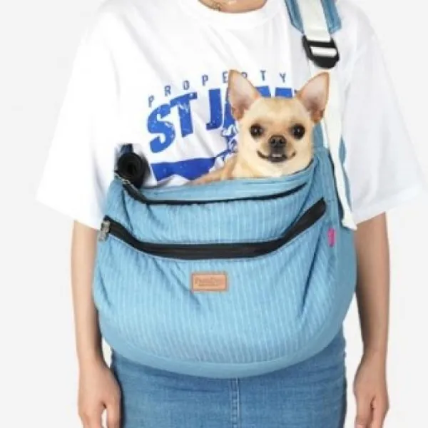 모모라 강아지들이 안전하고 편안한 상태로 외출을 돕는 패리스독 블루라인 슬링백 라지 진블루 E 800441