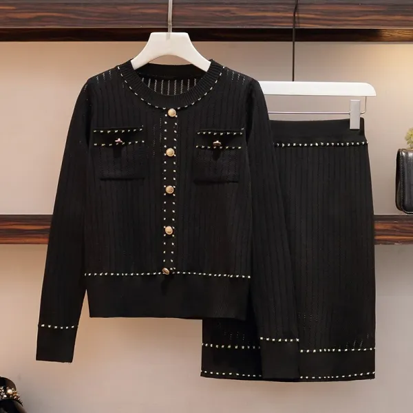 빅퀸 B0038 여성 빅사이즈 큰 직장여성 통근룩 여성스런 라운드넥 긴팔 버튼 블랙 니트 스커트 세트 스커트세트