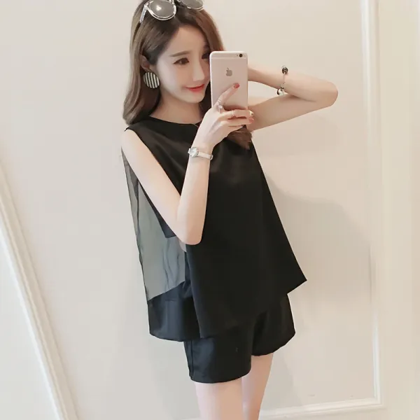 샵솔베이지 섹시컨셉 미시룩 투피스 민소매 실켓 시스루 쉬폰 블라우스+팬츠 SET