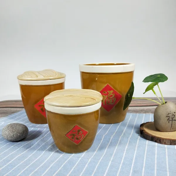 스마트영 특색 농가악 미니 물독 진열대 소품 양념통 굵은 도자기 복 글자 항아리 찻잎 고동색 중간사이즈 있음 덮개 5가방