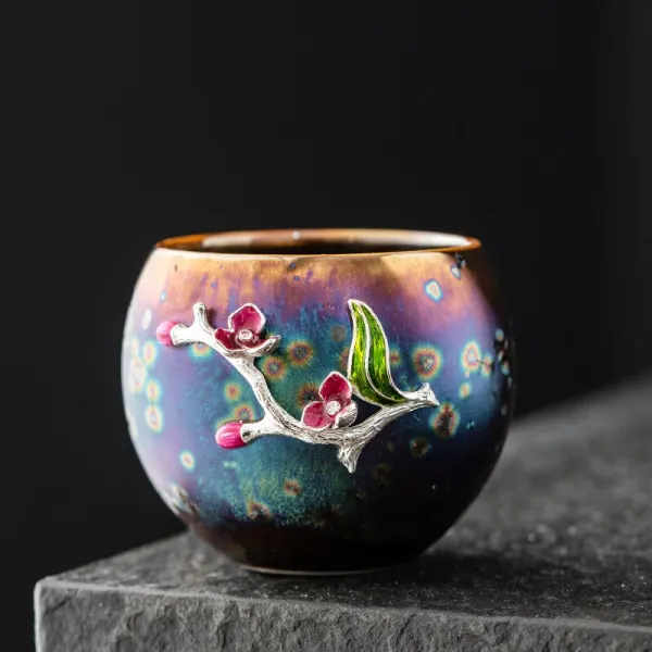 Tianmu 유약 가마 7 색 공작 차 그릇 소유자 찻잔 모자 단일 컵 Jianzhan 명상 쿵푸 선물 포장, 05 05  7.1x6cm 130ml