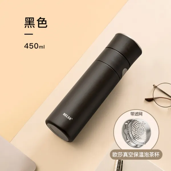 고급 스테인리스 대용량 텀블러 남녀 휴대용 물컵 보온텀블러, 티컵 450ML-블랙