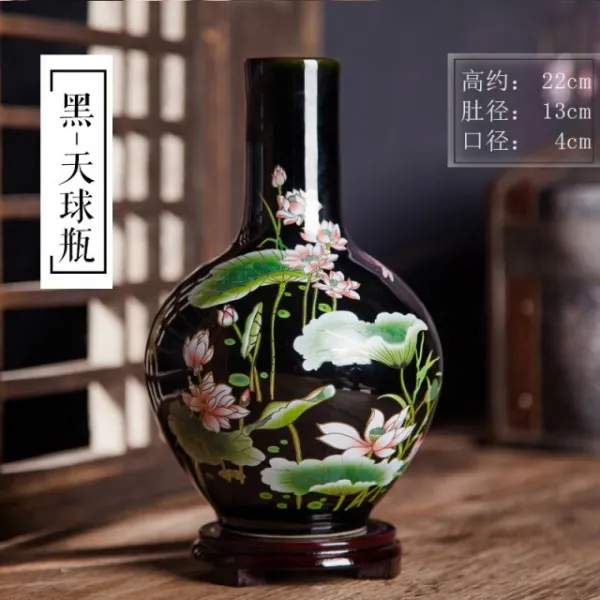자게화병 Jingdezhen 급격히 유약 블랙 세라믹 꽃병 로터스 패턴 현대 홈 앉아 룸 장식품, i