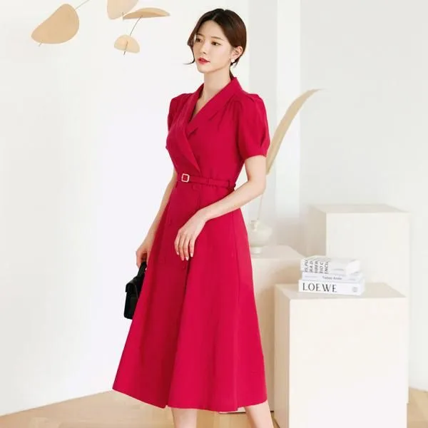 시크라인 숄카라 퍼프 반소매 더블 버튼 원피스