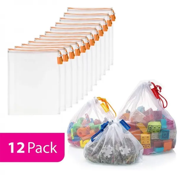 VANDOONA 장난감 보관 및 조직 용 메쉬 백 12 개의 세척 가능한 메쉬 형 가방 및 색상으로 구분 된 졸라 매는 끈 세트. 놀이방, 단일옵션