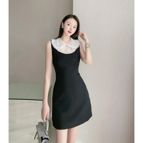 베이비돌원피스 프랑스타입 우아 블랙스커트 망사 수공 큐빅징 베이비카라 민소매 분위기있는 블랙 날씬해보이는 원피스