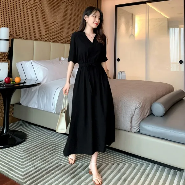 롱 오피스룩 원피스 블랙 결혼식 하객원피스 하객룩 청담동며느리룩 드레스 햅번 v 쉬폰