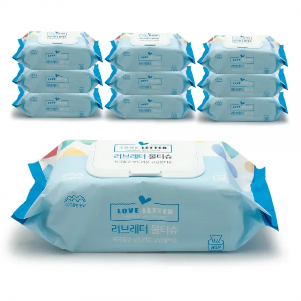 홈인더스트리 투툼하고 부드러운 프리미엄 러브레터 물티슈 캡형, 10팩, 80매