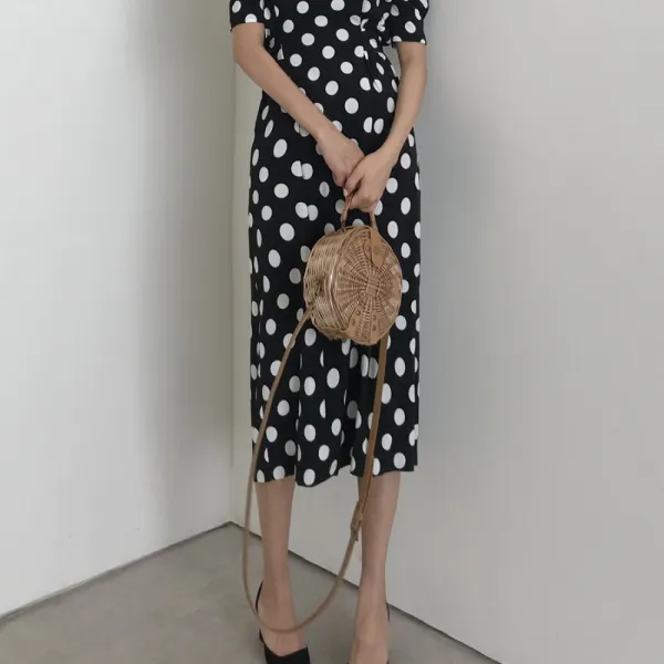 나이브 실루엣 / 레트로 실키 도트 볼륨 퍼프 허리 매듭 리본 롱 원피스 2color