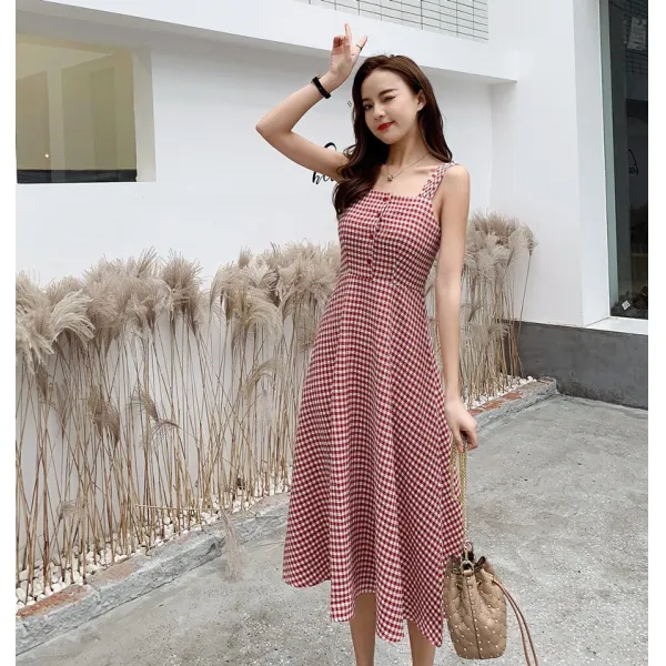 패션이루 체크 나시 민소매 A라인 원피스 여름 여성 비치 슬림