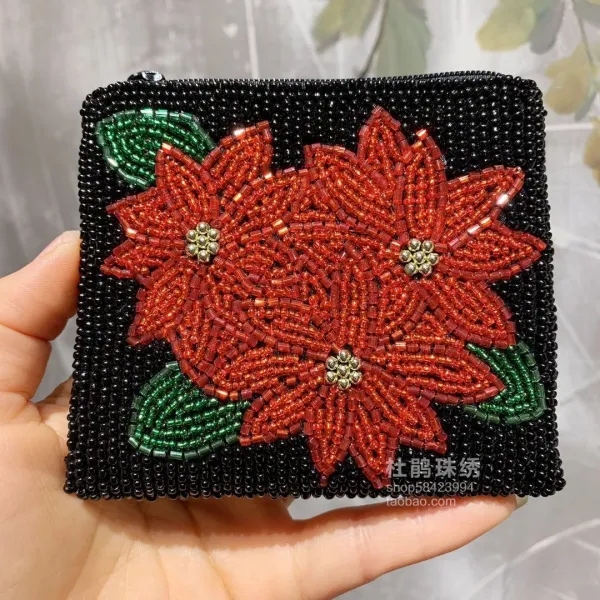 동전지갑 두견새 구슬자수 공장직매 자체디자인 수공 모란꽃 수납 핸디 숙녀 구슬꿰미