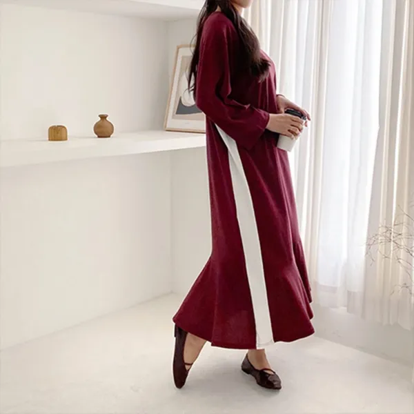 여자 라운드넥 옆 배색 롱 긴팔 코튼 원피스