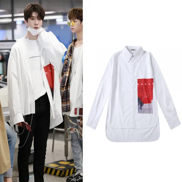 위파인더 팬 Chengcheng 우상 연수생 공항 같은 단락 흰색 인쇄 긴 소매 셔츠 대형 의류 BF 바람 남성