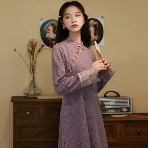 티지153 빈티지원피스 복고풍원피스 복고원피스 레트로원피스 클래식 국풍 리폼 판 라이크 청대 말엽 치파오 자색 자수 신식