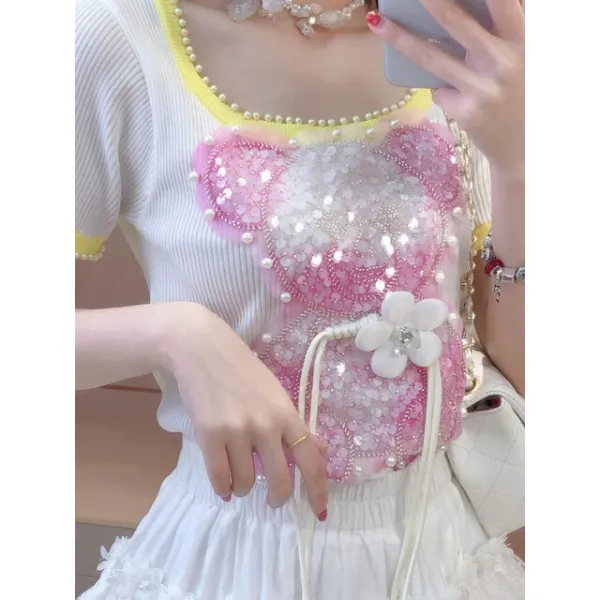 롱슬리브티 T셔츠 사랑스러운 골치 아픈 건 여름 짧은 소매 패션 디자인 한국어 스타일 숙 녀 세련 된 4944192022