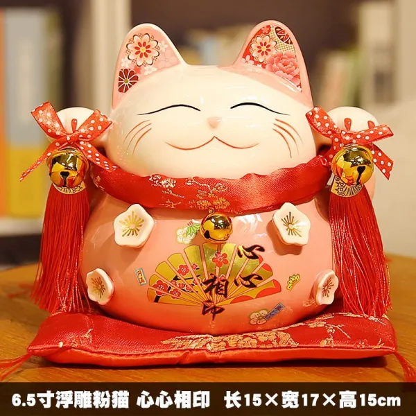 레이즈 파트너스 삼십 다만 같은스타일 마네키 고양이 소품 숏 개업 기프트 가게 동전보관함 부자가 되다 실내 거실 6.5 인치 부조 핑크 꿍꿍이속 인쇄
