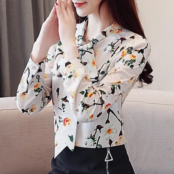 Kirahosi 가을 여성 플로럴 패턴 리본 블라우스 + 덧신 증정 Abniahn2