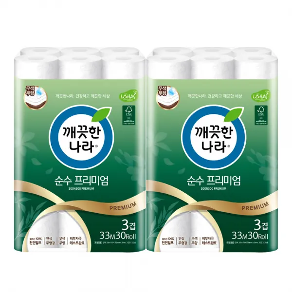 깨끗한나라 순수프리미엄 3겹데코 33M 30롤 x 2팩 (60롤)