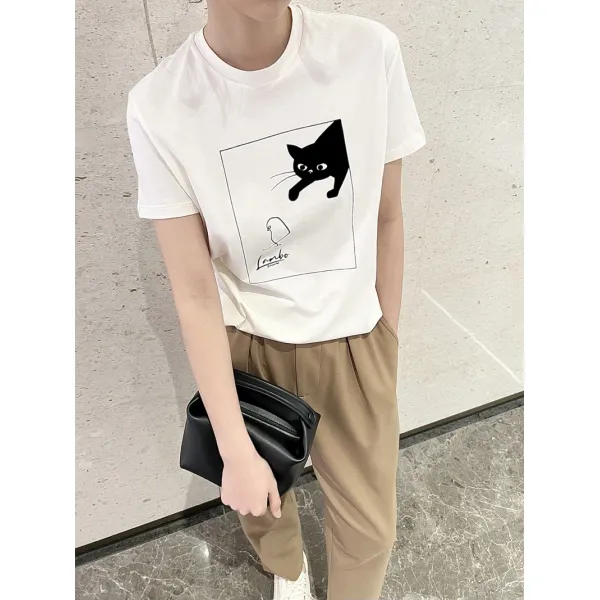 흰색라운드티셔츠 귀엽다 좋아하고 싫어하다 추우천 부드럽다 가슴 화이트 큐트 고양이 그림 탁자 푹신푹신함 4801454744