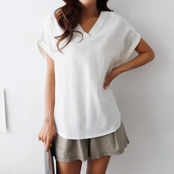  Newcare 여름 여성 브이넥 린넨티셔츠