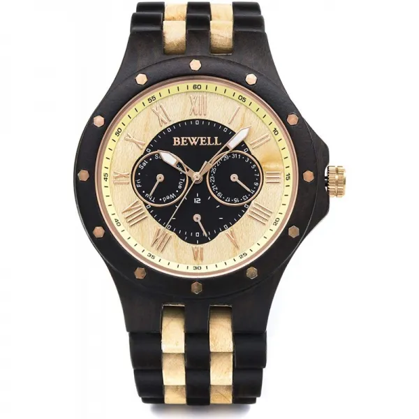 Bewell(ビーウェル) Bewell 나무 시계 남성 천연 雕刻 남성용 일본 제 쿼츠 다 바늘 아날로그 날짜와 요일 표시 야광 (