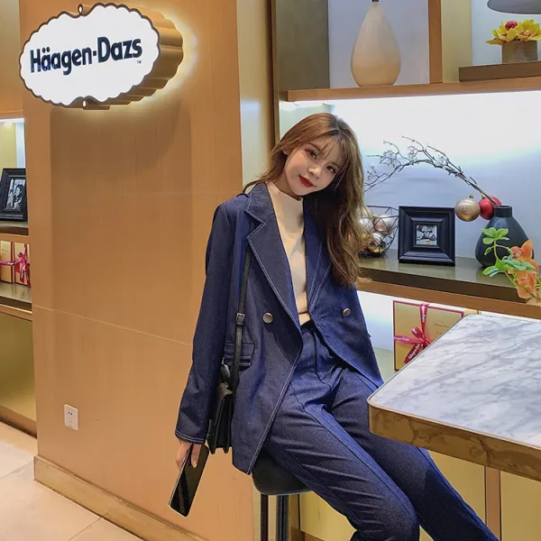 Okseller1 유니크캐주얼 정장 투피스 청 자켓x일자 슬릿 팬츠 세트