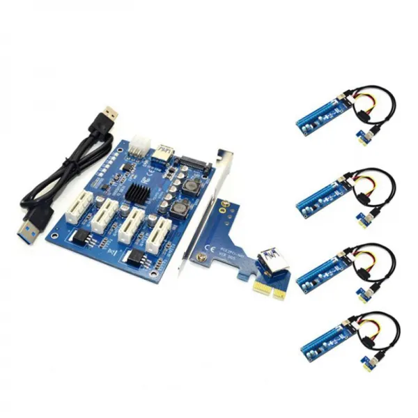 PCI-E x1to4PCI-E x16 확장 키트 1TO4 포트 PCI Express 스위치 승산기 허브 4pin USB 라이저 카드 BTC 광부 광업, 하나, 푸른