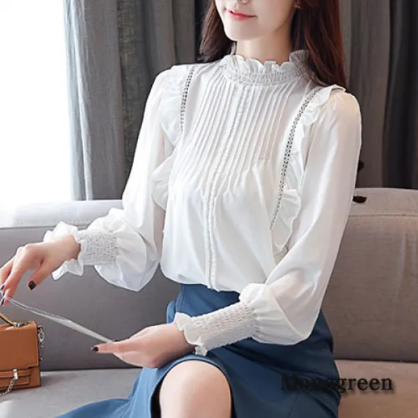 모노그린 쉬폰 프릴 반목 주름 소매 빅사이즈 여성 블라우스 셔츠isb18133