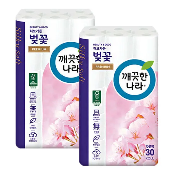 깨끗한나라 허브가든 벚꽃 프리미엄 27M 30롤 화장지, 2팩