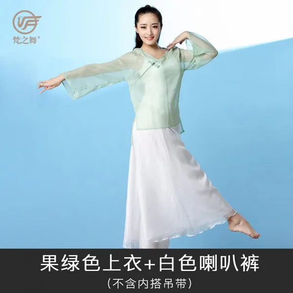 댄스복 2019뉴타입 클래식한 무용 트레이닝복 여자성인 민족 중국 고풍 찰랑찰랑한스타일 망사의류 세트포장, C08-멜론색 상의+화이트 플레어바지 불포함 개괄 등포함 하트