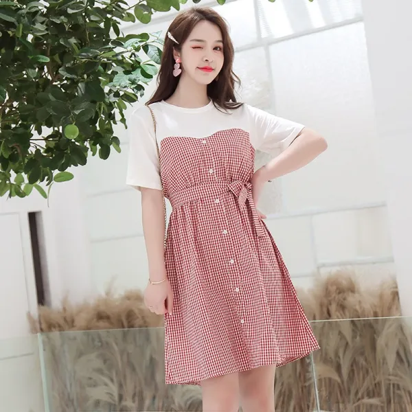 패션이루 체크 원피스 반팔 미니 여름 캐주얼 라운드넥 여성