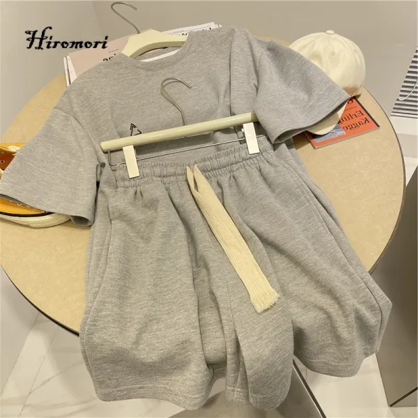 Hiromori 모던 트레이닝복 세트여 심플 잔자수 루즈핏 라운드 반팔티+와이드반바지 캐주얼 투피스