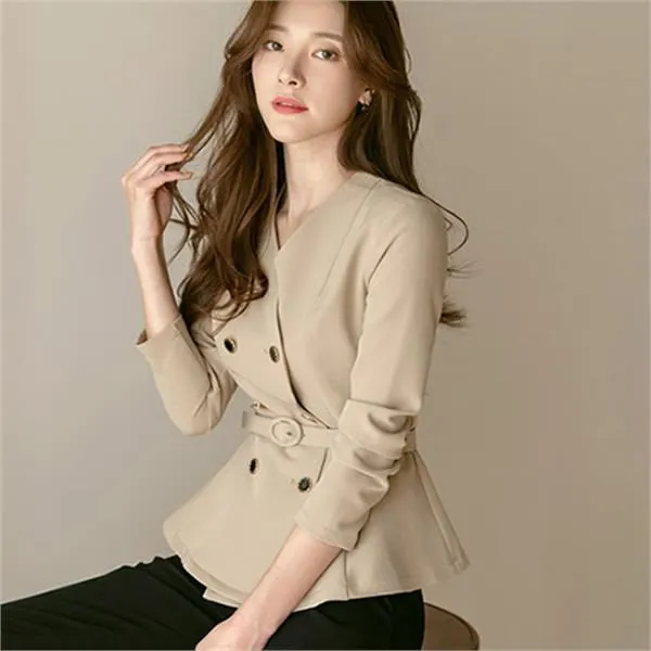 시크라인 브이넥 더블 버튼 벨트 A라인 블라우스