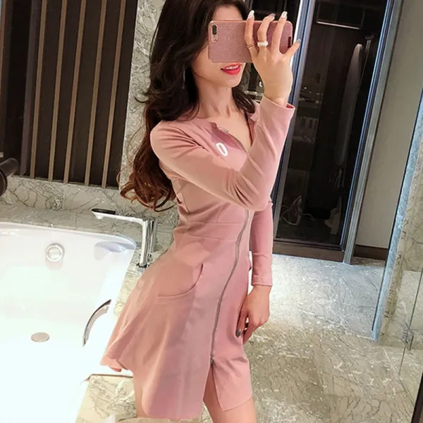 더바이히어로 브이넥 긴팔 나이트클럽 여성복 신 가을 섹시 긴소매원피스 슬림 힙랩 사우나 족욕 마사지사 유니폼
