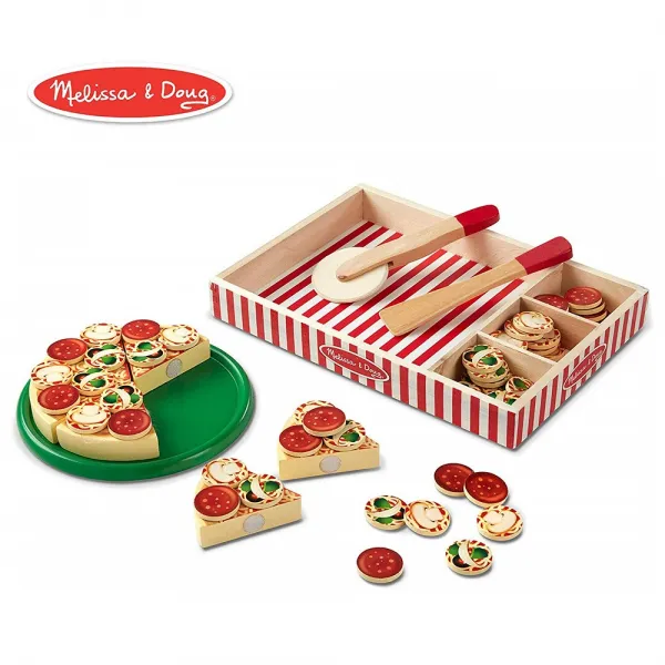Melissa & Doug [WHATBOX] Pizza Party Wooden Play Food (Pretend Set Self-Sticking Tabs 54+ Pieces) 멜리사 더그 피자파티 나무놀이음식 주방놀이