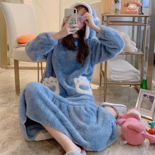 나인직구 공주풍잠옷 핑크 잠자기 스커트 두껍고 긴 산호 기모 여 가을 겨울 학생 사랑스런 홈스테이