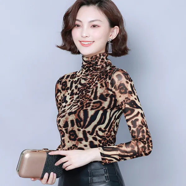 추동 레오파드 망사 이너 여 슬림 긴팔 폴라 티 서양티